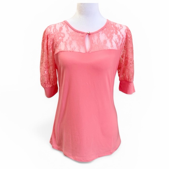 NY Collection Tops - NWT NY Collection Lace Puff Sleeve Blouse Top Pink Romantic Petite Small PS